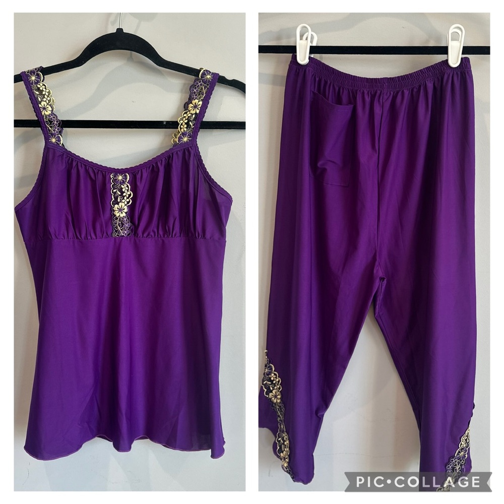 Brand New Purple Embroidered Pajama Set 2, Size S